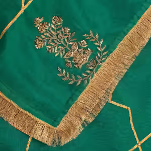 Verdian Green Handloom Organza Dupatta with Hand Embroidered Gota & Zardozi Work with couturecraze. Handmade in India. Elegant traditional attire, priced at ₹15,999. Perfect for festive occasions.