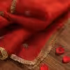 Elegant Red Handloom Organza Dupatta with intricate zardozi hand embroidery by CoutureCraze. Perfect for festive and wedding occasions. A luxurious blend of tradition and beauty.
