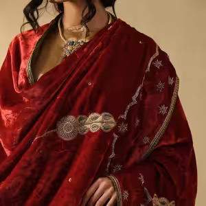 Red And Maroon Hand Embroidered Zardozi Silk Velvet Doshala couturecraze
