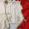 Red dupatta with mirror embroidery and lace border detailing