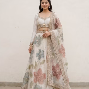 Luxury pastel floral embroidered lehenga set in ivory with blouse and dupatta, CoutureCraze 2025.