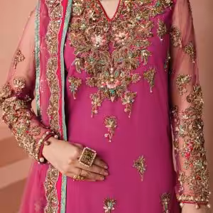 V-neckline embroidery detail on magenta gold CoutureCraze sharara set