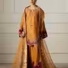 Mustard maroon embroidered palazzo suit with detailed floral threadwork and sequin accents by CoutureCraze
