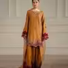 Mustard maroon embroidered palazzo suit with detailed floral threadwork and sequin accents by CoutureCraze