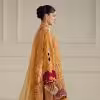 Mustard maroon embroidered palazzo suit with detailed floral threadwork and sequin accents by CoutureCraze