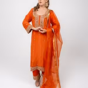 Orange Gold Hand Embroidered Suit Set | CoutureCraze