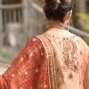 CoutureCraze peach gold embroidered suit set with red dupatta and detailed golden threadwork