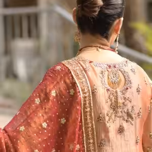 CoutureCraze peach gold embroidered suit set with red dupatta and detailed golden threadwork