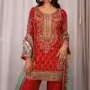 Ruby Red Gold Embroidered Sharara Set