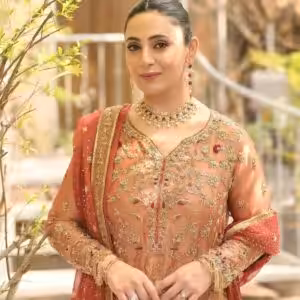 CoutureCraze peach gold embroidered suit set with red dupatta and detailed golden threadwork