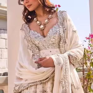 Ivory Chanderi Lurex Mirror Embroidered Anarkali Set with Pants & Dupatta