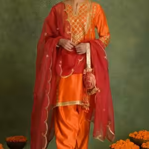 Deep Orange A-Line Chanderi Kurta Set with Gota Embroidery, Organza Dupatta, Pants & Potli for Festive Occasions