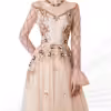 Elegant formal dress with V-neckline and detailed floral vine embroidery for weddings or galas.