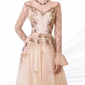 Elegant formal dress with V-neckline and detailed floral vine embroidery for weddings or galas.