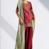 Front view of designer maroon sharara set with gold thread embroidery and festive styling.