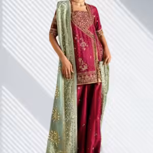 Front view of designer maroon sharara set with gold thread embroidery and festive styling.