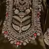 French velvet embroidered dress featuring floral hand embroidery on olive green velvet suit
