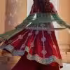 Back view of berry magenta spun silk marori work kurta set