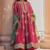 Full look berry magenta spun silk marori work kurta set