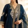 Close up of Kashmiri tilla embroidery on blue kalidar anarkali suit