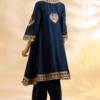 Back view of blue silk Chanderi anarkali suit with detailed flare