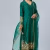 Green chiniya silk kurta set with applique embroidery front view