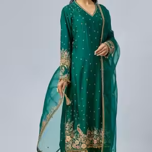 Green chiniya silk kurta set with applique embroidery front view