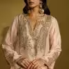 Gota embroidery detail on peach gold tissue silk kurta