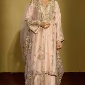 Peach Gold Tissue Silk Kurta Set with gota embroidery front view