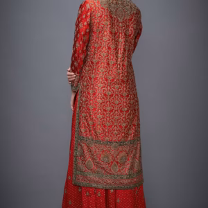 Back view of red green embroidered kurta set