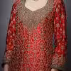 Close up embroidery on red green ethnic kurta set