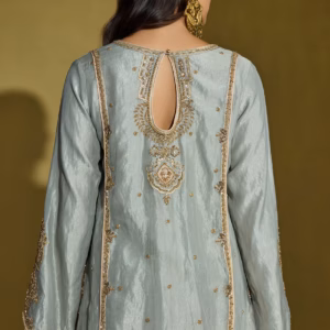 Back view of Sage Green Tissue Silk Kurta Set