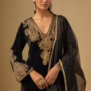 black velvet zardosi hand embroidered kurta set with pants and dupatta