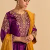 deep purple velvet silk embroidered a line kurta set with dhoti pants and dupatta