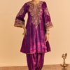 deep purple velvet silk embroidered a line kurta set with dhoti pants and dupatta