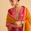 hot pink velvet silk embroidered a line kurta set with dhoti pants and dupatta