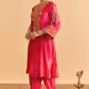 hot pink velvet silk embroidered a line kurta set with dhoti pants and dupatta