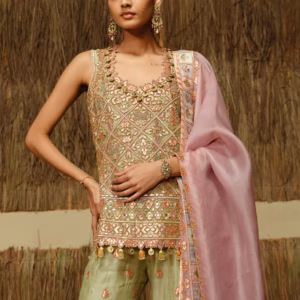 Heavy neckline embroidery with stone work on ivory Anarkali gown