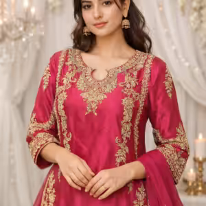 Pink silk hand embroidered kurta sharara set with zari floral work for wedding and festive wear