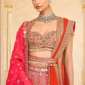 Rani Pink Organza Mirror Hand Embroidered Lehenga Set