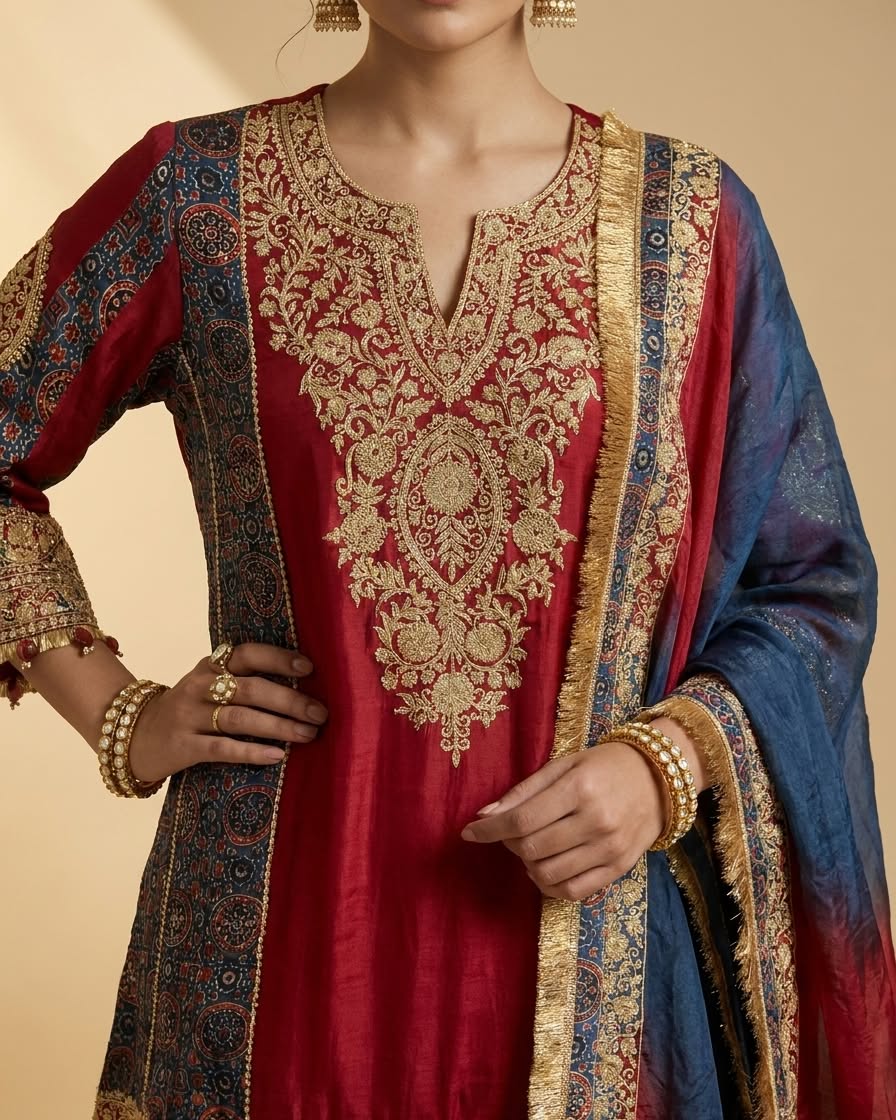 Red Silk Suit with Gold Embroidery