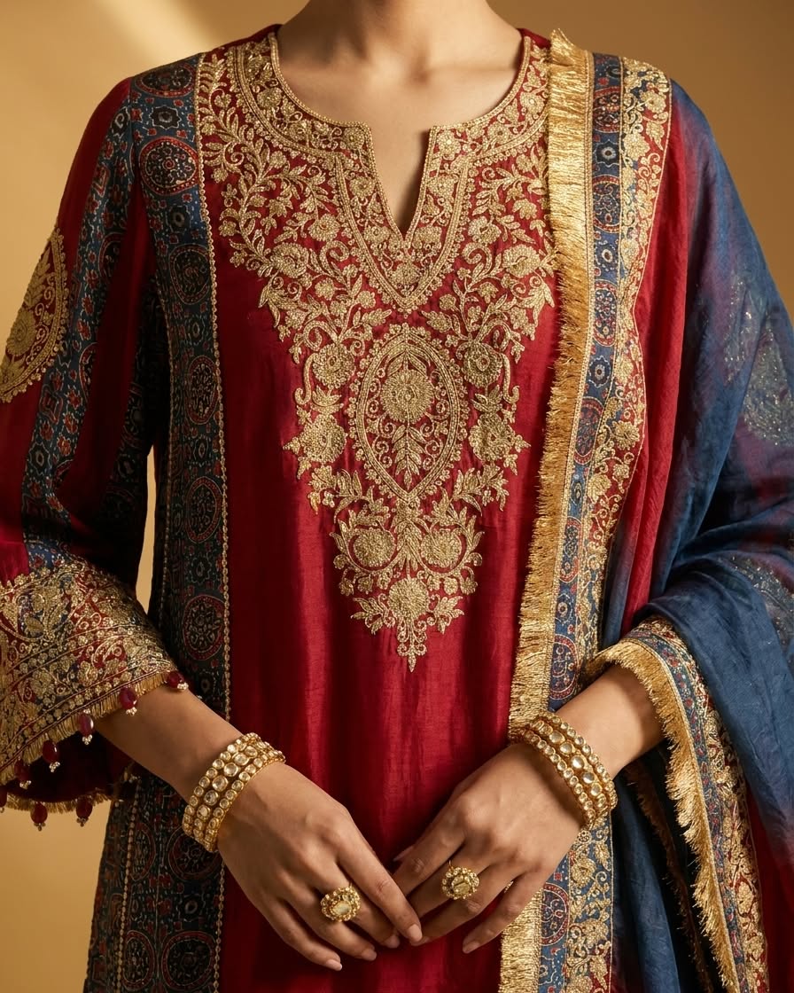 Red Silk Suit with Gold Embroidery