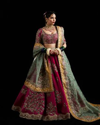 Magenta & Sage Green Hand-Embroidered Bridal Lehenga | CoutureCraze
