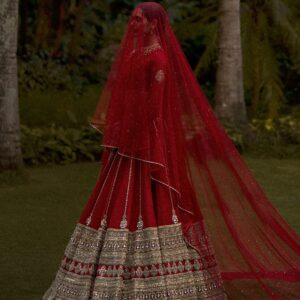 Crimson Red Hand-Embroidered Bridal Lehenga | CoutureCraze