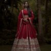 Crimson Red Hand-Embroidered Bridal Lehenga | CoutureCraze