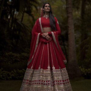 Crimson Red Hand-Embroidered Bridal Lehenga | CoutureCraze