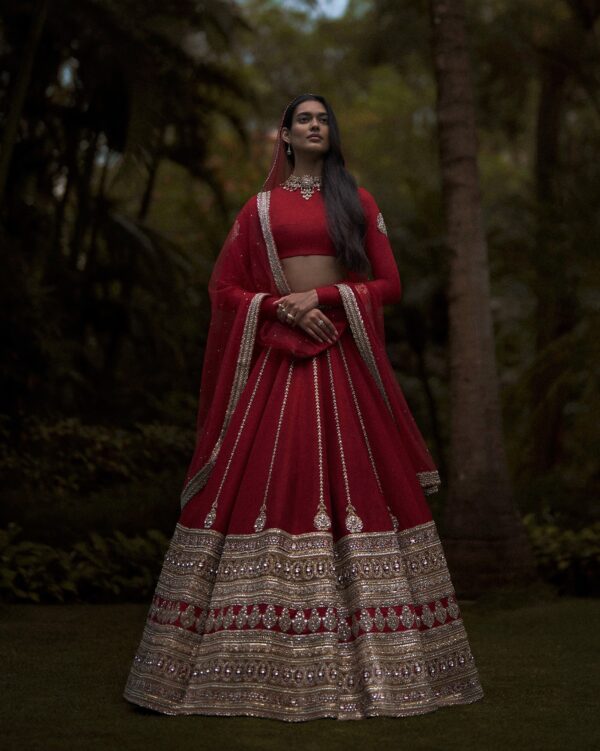 Crimson Red Hand-Embroidered Bridal Lehenga | CoutureCraze