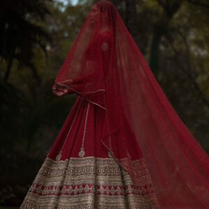 Crimson Red Hand-Embroidered Bridal Lehenga | CoutureCraze