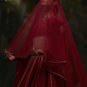 Crimson Red Hand-Embroidered Bridal Lehenga | CoutureCraze