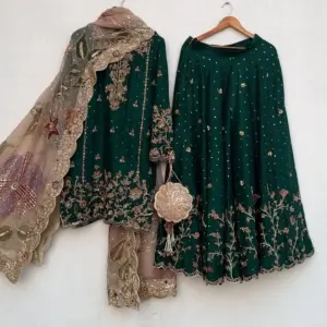 Dark Green Hand-Embroidered Peplum Kurta Sharara Set | CoutureCraze